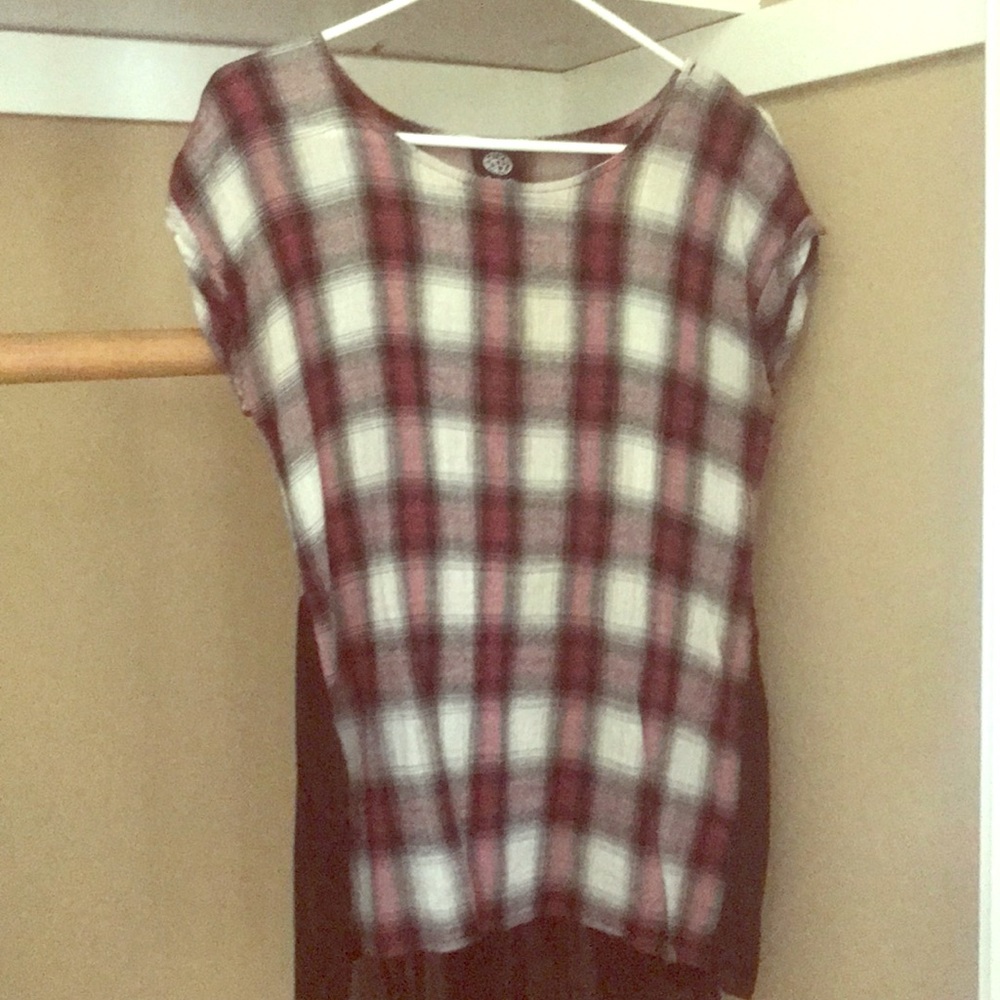 Bobeau hi-low plaid sheer M square cut blouse